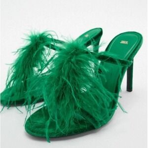 ZARA High Heel Sandals Feather Velvet Green Size 38 Party Evening Bold Blogger